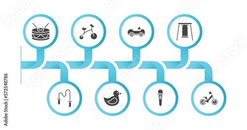 editable filled icons with infographic template. infographic for toys concept. included drum toy, tricycle toy, cart toy, swing skipping rope duck microphone ride on icons.