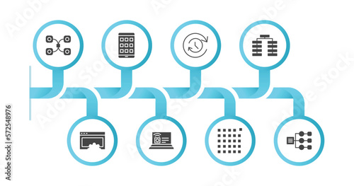 editable filled icons with infographic template. infographic for technology concept. included data modelling, native apps, uptime and downtime, type hierarchy, website optimization, internet value,