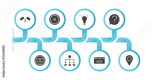 editable filled icons with infographic template. infographic for strategy concept. included racing, focus, idea, question, steering wheel, collaboration, coding, placeholder icons.