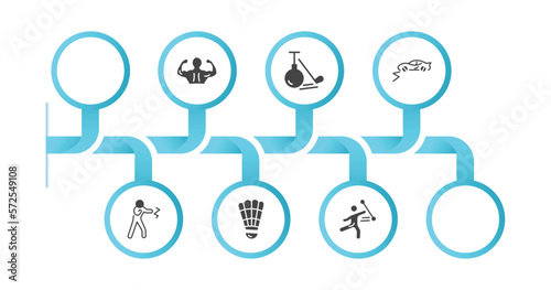 editable filled icons with infographic template. infographic for sport concept. included sumo, bodybuilding, unicycling hockey, rallycross, kickboxing, shuttlecock, equestrianism, racewalking icons.