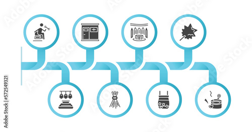 editable filled icons with infographic template. infographic for sauna concept. included vascular workout, infrared heat cabin, turkish bath, vasta, light stimulation, birching, cold plunge, banja