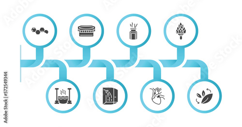 editable filled icons with infographic template. infographic for sauna concept. included hormones, laconium, aroma stimulation, hemlock, roman bath, dousing shower, cardiovascular system, fresh air