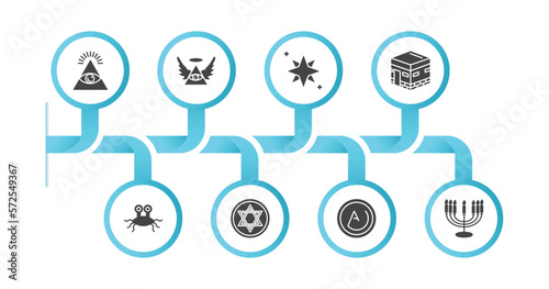 editable filled icons with infographic template. infographic for religion concept. included cao dai, god, holy star, islam, pastafarianism, blasphemy, asceticism, menorah icons.