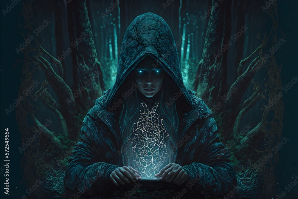 mysterious woman with the face hidden by a dark hood, sitting in a dark forest at night