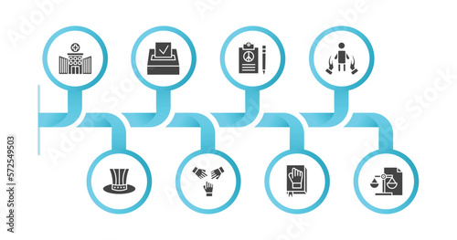 editable filled icons with infographic template. infographic for political concept. included health clinic, election, peace treaty, human rights, uncle sam hat, unity, oath, political balance icons.