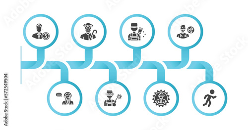 editable filled icons with infographic template. infographic for professions concept. included accountant, pensioner, painter, podiatrist, telemarketer, welder, mechanical engineer, athlete icons.