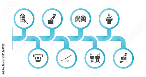 editable filled icons with infographic template. infographic for political concept. included checking, ballot, leaflet, political speech, supporter, nightstick, debate, bribe icons.