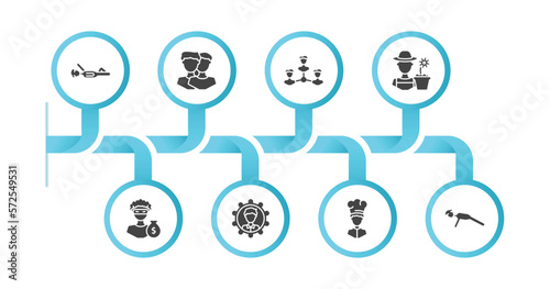 editable filled icons with infographic template. infographic for people concept. included iying down, relations, businessmen hierarchy, garderner, steal, preferences, cook, push ups icons.