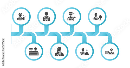 editable filled icons with infographic template. infographic for professions concept. included fireman, butler, plumber, showman, cashier, lawyer, waiter, librarian icons.