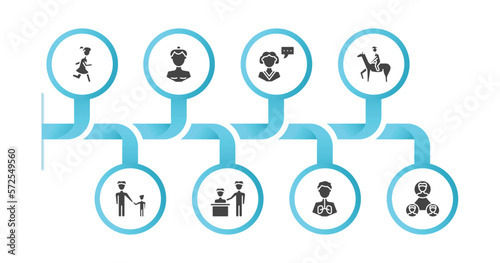 editable filled icons with infographic template. infographic for people concept. included girl running, sumo fighter, monologue, man riding a horse, father and son, boss and worker, pulmonary,