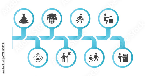 editable filled icons with infographic template. infographic for people concept. included bride dress, torso, running at finish line, criminal heist, crying baby, man holding a flag, walking to