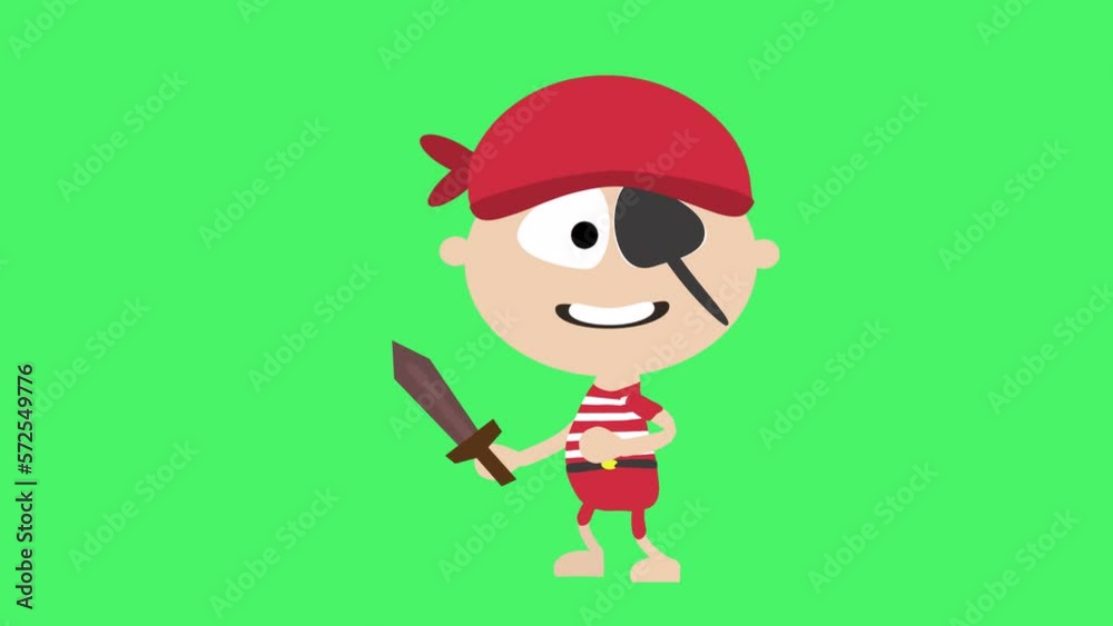 FUNNY CUTE KID BOY DRESSED AS PIRATE WAVING PLAYING WITH HIS SWORD / FUNNY 2D ANIMATION GREEN SCREEN /  CARTOON PIRATE CHARACTER WITH A PIRATE CAP