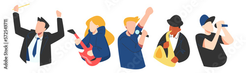 set of various music artists with different genres, ethnicity, diversity. classic, rock, pop, jazz, rap, etc. concept of music, concert, stage, etc. flat vector graphic design.