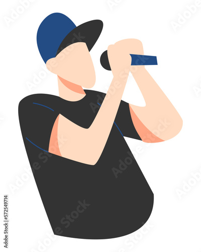 rapper wearing hat, singing in microphone. concept of concert, music, hip-hop entertainment industry. flat vector.