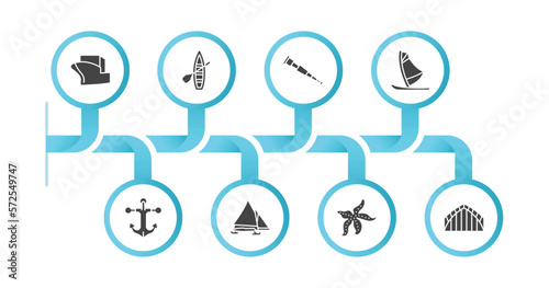 editable filled icons with infographic template. infographic for nautical concept. included vessel, skiff, spyglass, windsurf board, marine, iceboat, starfish with dots, afterdeck icons.