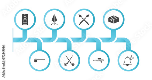 editable filled icons with infographic template. infographic for miscellaneous concept. included front camera, rune, spears, product, measuring spoon, scissor, flame thrower, snooze icons.