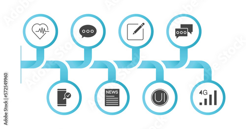 editable filled icons with infographic template. infographic for mobile app concept. included health, messages, edit tool, texting, accepted, news, ui, 4g icons.