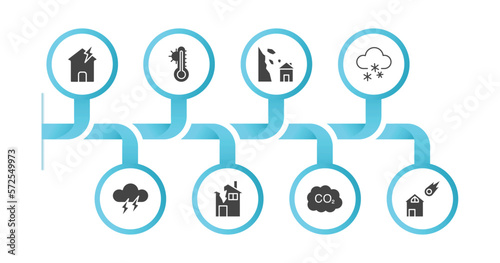 editable filled icons with infographic template. infographic for meteorology concept. included broken roof, hot thermometer, avalanche and house, snoflakes winter cloud, thunder cloud, broken house,