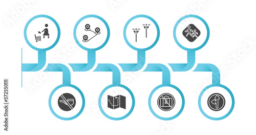 editable filled icons with infographic template. infographic for maps and flags concept. included use dust bin, locations, pole, school zone, no smoking pipe, treasure map with x, no luggage, road