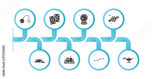 editable filled icons with infographic template. infographic for magic concept. included fetters, playing cards, crystal ball, spell, dust, magic book, handkerchief, magic lamp icons.