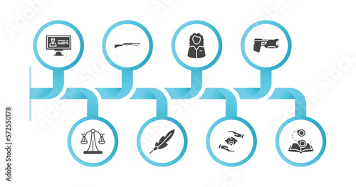 editable filled icons with infographic template. infographic for law and justice concept. included criminal database, shotgun, counsel, electroshock weapon, law balance, feather pen, child custody,