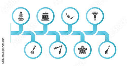 editable filled icons with infographic template. infographic for kitchen concept. included waffle iron, yogurt maker, zester, vegetable peeler, tea infuser, tongs, trivet, tablespoon icons.