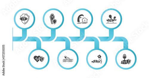 editable filled icons with infographic template. infographic for insurance concept. included vision insurance, coffin, tsunami insurance, overturned vehicle, heart drown, parking crash, construction