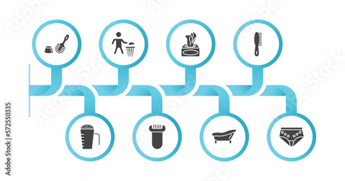 editable filled icons with infographic template. infographic for hygiene concept. included toilet brush, throw, tissues, primp, detergent dose, depilator, bathroom, underwear icons.