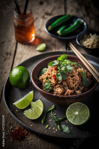 Holy Basil Fried Rice with pork and chicken of mackerel and offal are cut into bite-sized pieces without being cooked or seasoned. and Thai Chili Sauce with Cucumber, coriander, fresh chili, mint leav