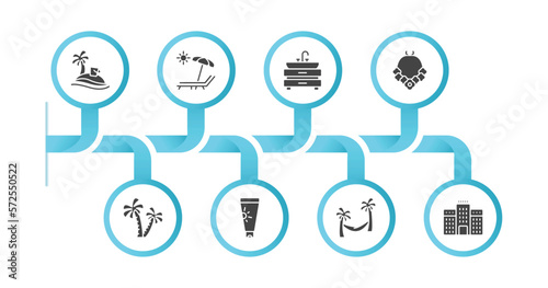 editable filled icons with infographic template. infographic for holidays concept. included vacations, sunbath, basin, flower necklace, palm trees, sunscreen bottle, hammock relaxing, hotels icons.