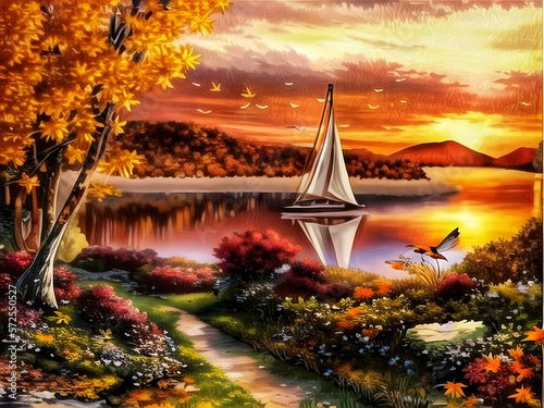 Sunset over the river. Art painting of a beautiful sunset landscape with a boat, trees, mountains and sea. 