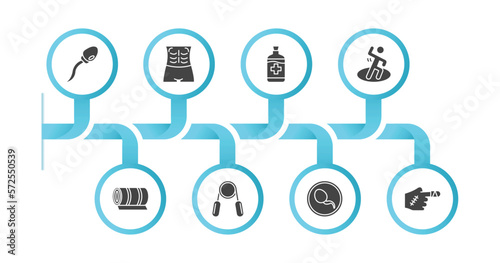 editable filled icons with infographic template. infographic for health and medical concept. included sperm, abs, syrup, exercise, yoga mat, handgrip, spermatozoon, injury icons.