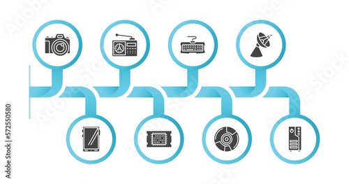 editable filled icons with infographic template. infographic for hardware concept. included big camera, fm radio, keyboard wire, parabolic, big tablet, big processor, , computer case icons.