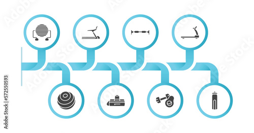 editable filled icons with infographic template. infographic for gym and fitness concept. included pilates ball, training apparatus, horizontal bar, running hine, fitness ball, gym bag, fitness