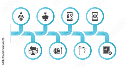 editable filled icons with infographic template. infographic for general concept. included impeachment, coworking, digital transformation, distance learning, computing technology, inflate tire,