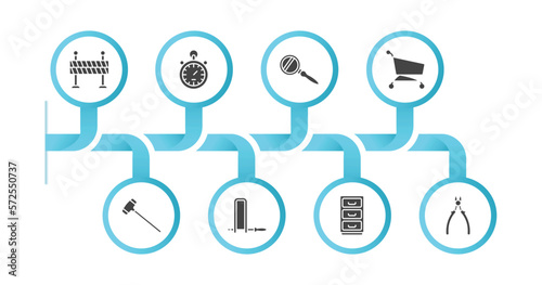 editable filled icons with infographic template. infographic for general concept. included traffic barriers, analog stopwatch, magnifiying glass, shopping trolley, sledgehammer, fretsaw, office