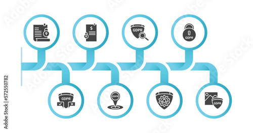 editable filled icons with infographic template. infographic for gdpr concept. included code of conduct, penalty, transparency, keylock, decision making, address, gear, photo icons.