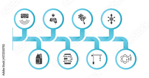 editable filled icons with infographic template. infographic for general concept. included active sensor, hr solutions, hr services, bio technology, engine oil, digital economy, construction crane,