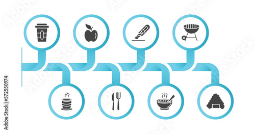 editable filled icons with infographic template. infographic for food concept. included disposable paper cup, fruit, paper knife, closed barbacue, tea cup of japan, knife and fork, japanese soup