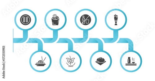 editable filled icons with infographic template. infographic for food concept. included guotie, onion rings, no drinking, jar of beer, chow mein, vegan, wonton, sake icons.