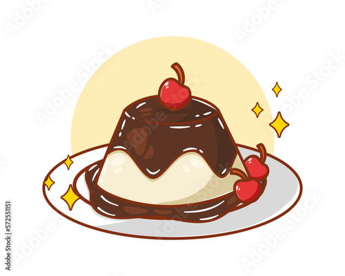 Cute chocolate pudding with cherry cartoon illustration