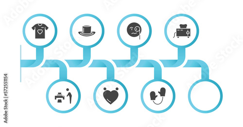 editable filled icons with infographic template. infographic for fashion concept. included t shirt with heart, cylinder hat, samurai helmet, monocle, electrical appliances, man printing, heart