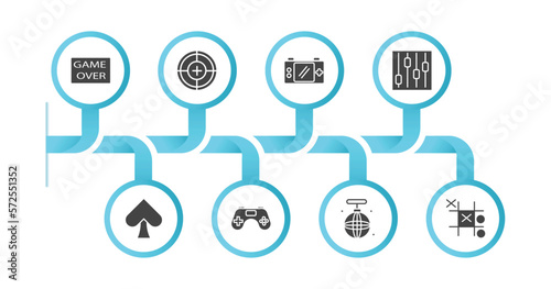 editable filled icons with infographic template. infographic for arcade concept. included game over, shooting game, handheld game, controls, ace of spades, console, disco, tic tac toe icons.