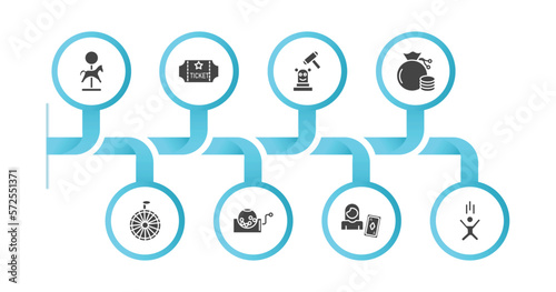 editable filled icons with infographic template. infographic for entertainment concept. included carousel horse, gold ticket, whack a mole, bag with checkers game, spinning wheel, lottery, gambler,