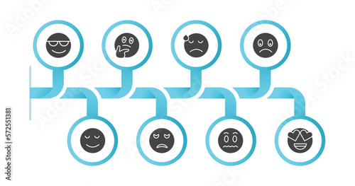 editable filled icons with infographic template. infographic for emoji concept. included cool emoji, wondering emoji, dissapointment slightly frowning calm sad silent in love icons.