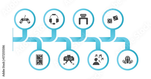 editable filled icons with infographic template. infographic for arcade collection. concept. included controller, earphone, zoo, dices, air hockey, , soprano, crystal icons.