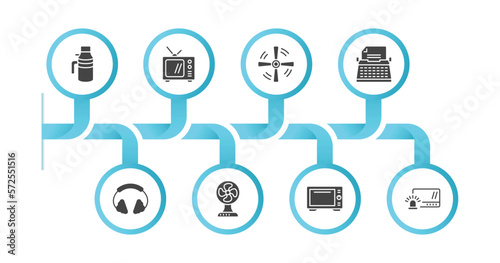 editable filled icons with infographic template. infographic for electronic devices concept. included garbage disposal, television, ceiling fan, typewriter, earphones, electric fan, convection oven,