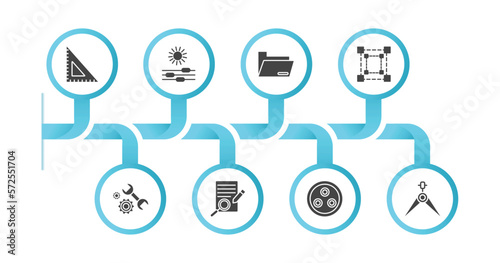 editable filled icons with infographic template. infographic for edit tools concept. included school triangle, lightness, folders, free transform, repair tools, defining, quark, calipers icons.