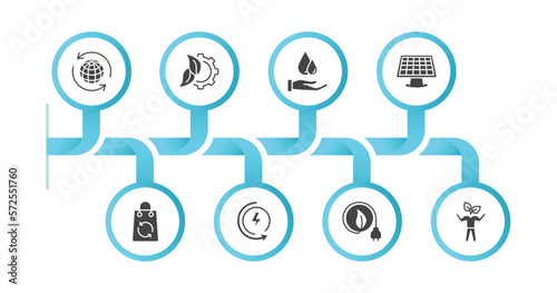 editable filled icons with infographic template. infographic for ecology concept. included recycling, eco industry, save water, solar energy, recycled bag, renewable energy, eco power, eco volunteer