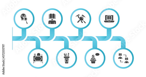 editable filled icons with infographic template. infographic for e learning and education concept. included paleontology, self-learning, geology, online education, teacher desk, pencil box, lecture,